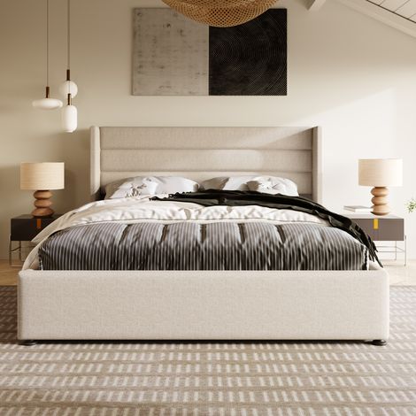 lit coffre 180x200 avec rangement en lin beige HAVRYA (1/5)