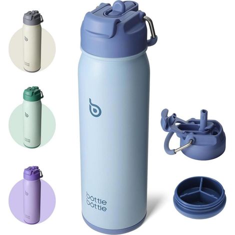 Edelstahl Trinkflasche 24oz mit Strohhalm, Griff, Pillenfach Blau (1/5)