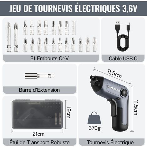 Workpro – Perceuse-visseuse sans fil 3,6V 6Nm – Batterie 2000 mAh avec charge rapide Type-C – 21 embouts et barre d'extension – Lumières LED intégrées — vue 2