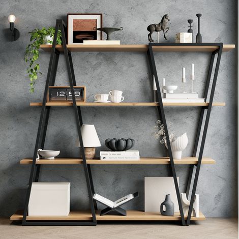 Bücherregal 158 x 35 x 166 cm, 4 Ebenen, Kippschutz, schwarz und Holz HAVRYA (1/5)