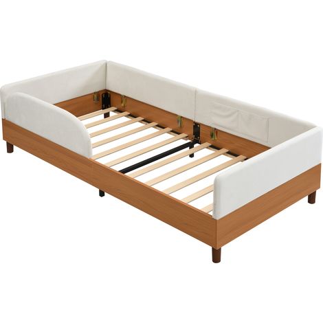 Cama infantil tapizada 90x200 cm en terciopelo y madera con 2 bolsillos, blanco, MODENUIT (1/5)