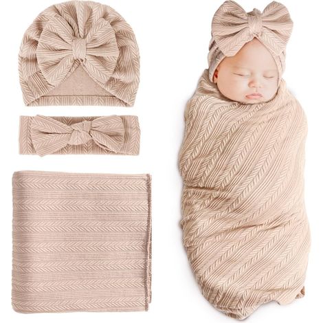 Morbida copertina per neonate e bambine, ideale per il ricevimento, con cappellino e fascia per capelli annodati abbinati. (1/5)