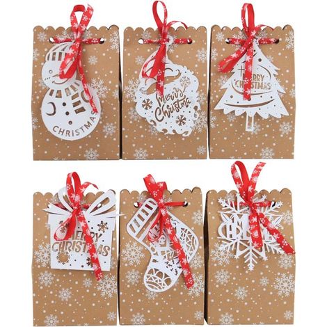 MINKUROW Geschenktüten aus Papier, Weihnachtspapierschachteln, Kraftpapier-Weihnachtsgeschenktüten, Geschenktüten mit 24 weißen Weihnachtsanhängern und Bändern, Kraftpapier-Geschenktüten für Süßigkeit (1/5)