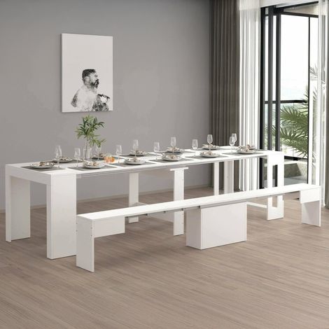 Ensemble table et chaises, Composition polyvalente, Ensemble avec console et 1 banc extensible, 66x25h45 cm, Blanc brillant (1/5)