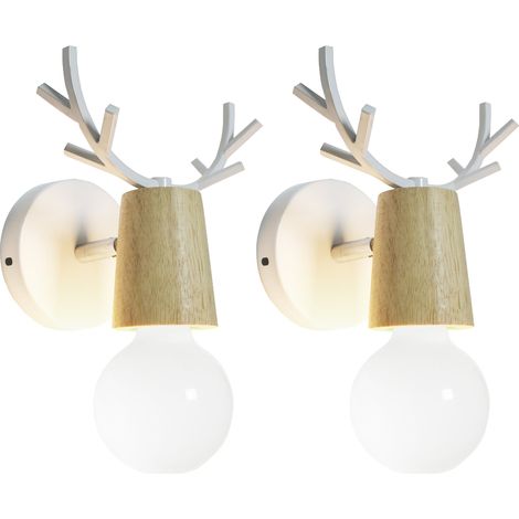 2X Applique da Parete Interno, Moderna Lampada da Parete in Legno e Metallo, Creativo Applique Candelabro Cervo per Bambini Camera da Letto Cucina Corridoio (Bianco)