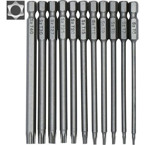 Jeu de 11 embouts longs pour tournevis et visseuse électrique - Embouts magnétiques - Tige hexagonale de 1/4" - Tailles T6 à T40 - Longueur 100 mm (1/4)