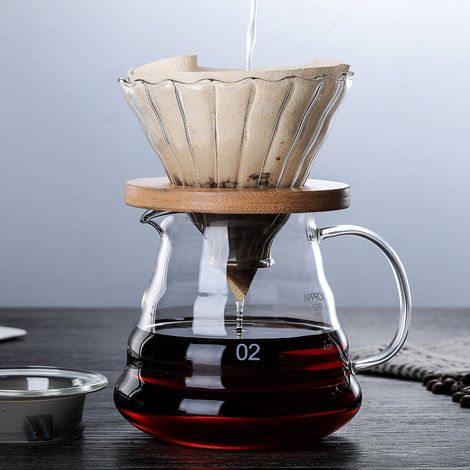 1 Ensemble cafetière,Filtre acier inoxydable,Double filtration,V60 600ml 350ml,Support bois,Infusion lente (1/5)