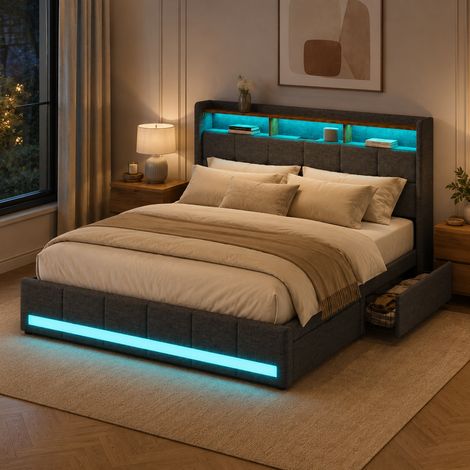 Lit Capitonné 180x200 cm, Lit Coffre avec 4 Tiroirs de Rangement, Tête de Lit LED et USB, Lit double avec Sommier à Lattes,Gris Lin (1/5)