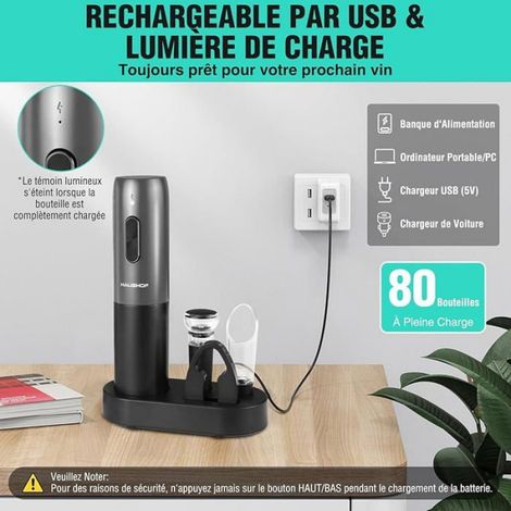 Tire-Bouchon Électrique - Batterie Rechargeable USB-C - Coffret 6-en-1 avec Coupe-Capsule Verseur Bouchon Sous Vide Support - 380 g (1/5)