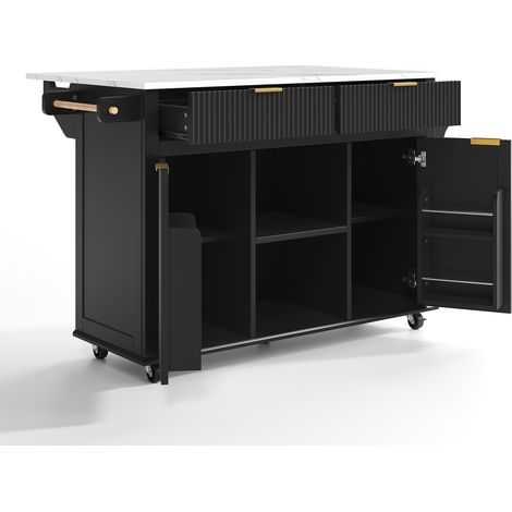 Isla de cocina con ruedas 143 x 45 cm, encimera abatible, 2 cajones, 2 puertas, MDF, negro (1/5)