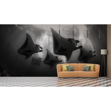 Papier peint animaux - raies manta en noir et blanc - 150 x 250 cm (1/2)