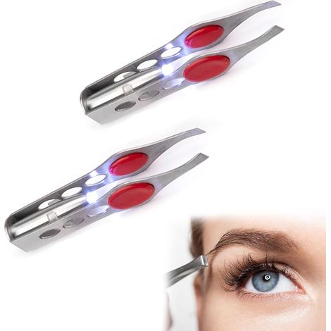 Pinzette mit LED-Licht, professionelle Pinzette, leuchtende Pinzette, Augenbrauenpinzette aus Edelstahl, leuchtende Pinzette, Make-up-Pinzette mit Licht, 2 Stück