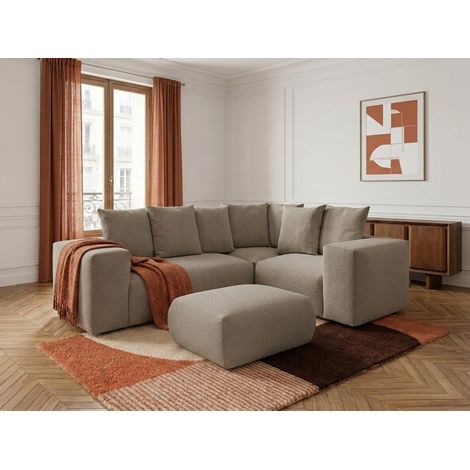 BOBOCHIC - Canapé d'angle fixe modulable VOLTAIRE avec 1 chauffeuse 2 places, 1 angle et 1 chauffeuse 1 place tissu chiné avec pouf Angle droit Taupe (1/5)
