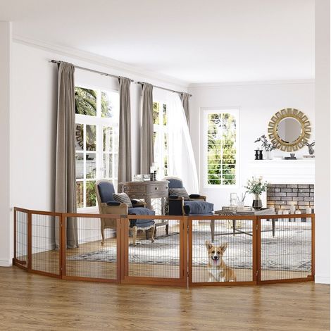 Faltbares Hundegitter 432 x 36 x 70 cm aus Holz und Stahl, Braun, für innen – MEUBLIV (1/5)
