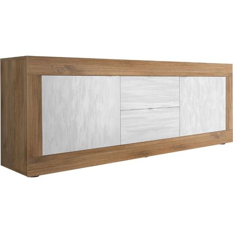 Meuble TV 2 portes 2 tiroirs aspect bois finition Mercure façades blanc texturées - OTELLO