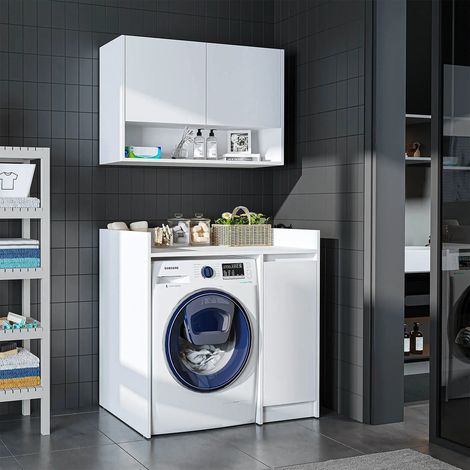 Derin Washing Machine Cabinet with Integrated Side Storage and Wall Unit, 100cm - White (1/4)