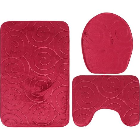 Tapis de sol avec couvercle de toilette, ensemble de tapis de salle de bain 3 pièces en fibres de polyester douces et confortables à tricotage serré pour salle de bain (rouge) (1/5)