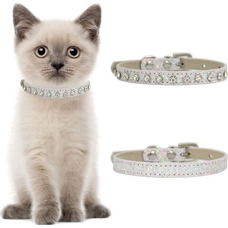 Lot de 2 colliers de sécurité réglables en cuir avec strass pour petits chiens et chats Argenté (1/5)