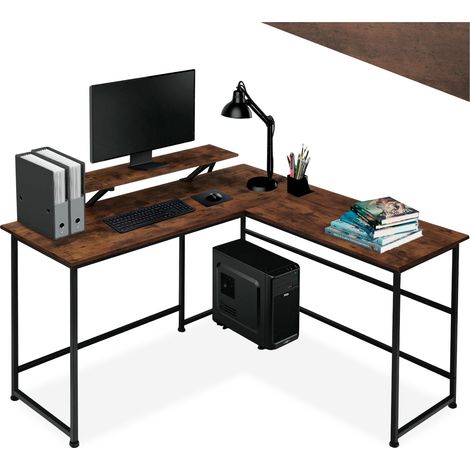 Bureau en panneau de fibres avec étagère stockage bois foncé (1/5)