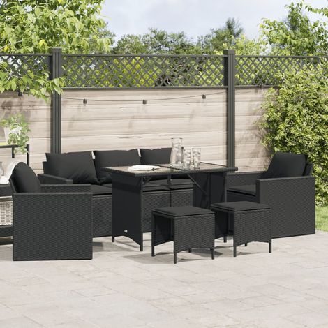 Ensemble jardin 6 pièces résine tressée noir avec coussins - Salon extérieur canapé 3 places + table verre trempé (1/4)