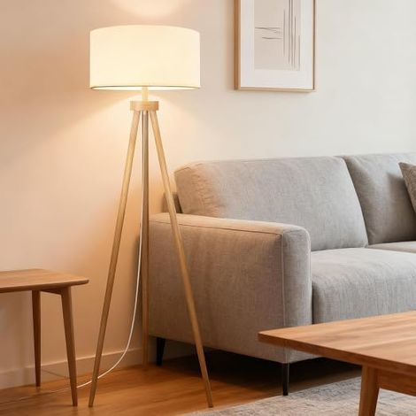 Floor Lamp E27 Living Room Vintage Wooden Tripod Floor Lamp Bulb Not Included with Foot Switch and Linen Lampshade Ideal Living Room Bedroom (1/5)