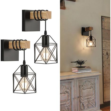 2 X Applique Mural Dimmable pour Chambre avec Interrupteur - Luminaire Industriel E27 Cage - Éclairage Murale Salon, Couloir - Ampoule Non Fournie (1/5)