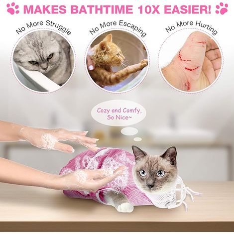 Netz-Duschbeutel für Katzen, verstellbarer Waschbeutel für Fellpflege und Baden, multifunktionales Zubehör zur Katzenfixierung, Krallenschere, Ohrenreiniger, beruhigend (weiß)