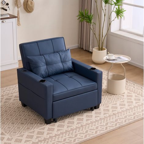 Canapé lit banquette 3 en 1 convertible, fauteuil, chaise longue et couchage d'appoint, 3 positions, bois et métal, avocat - bleu (1/5)
