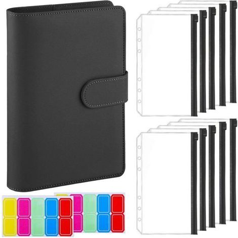 Classeur Budget A6 - Cuir PU - 10 Enveloppes Budget Zippées - 2 Étiquettes Adhésives - Noir (1/3)