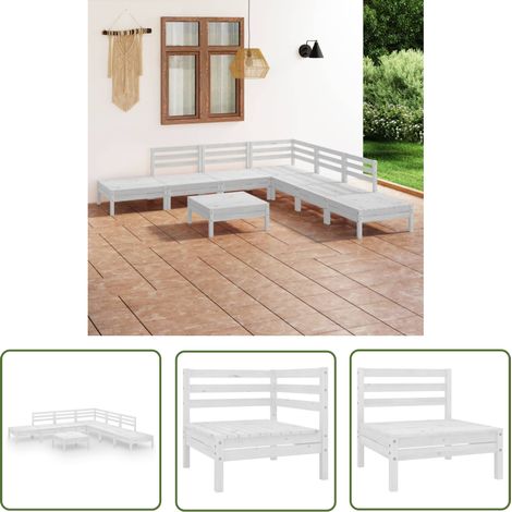 The Living Store 8-tlg. Garten-Lounge-Set Massivholz Kiefer Weiß - Outdoor Möbel - Garten Lounge Set - Kiefernholzmöbel - Rattan Gartenmöbel - Gartenmöbel Set (1/5)