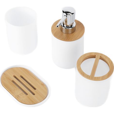 4-teiliges Badezimmer-Accessoire-Set aus Bambus, wasserdicht und langlebig, inklusive Zahnbürstenbecher für Zuhause und Hotel (Weiß) (1/5)