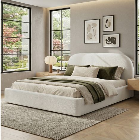 Letto imbottito matrimoniale moderno 180x200 cm in bouclé beige con testiera spessa, rete a doghe inclusa (1/5)