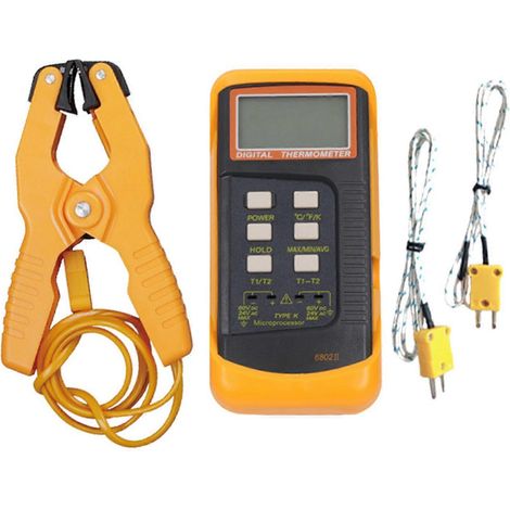Thermomètre portable numérique à thermocouple de type K (-50 à 1300 °C), double canal, 2 pinces de serrage pour tuyaux et 2 sondes. (1/4)