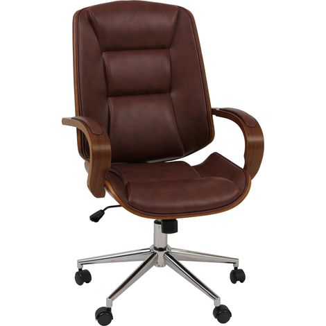 Sedia poltrona ufficio HHG-539, girevole, ecopelle (280 g/m²), legno curvato certificato MVG, color noce, rosso marrone