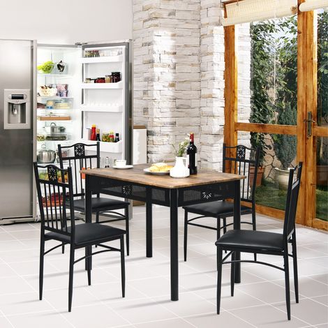Ensemble Table de Cuisine avec 4 Chaises Rembourrées Souples Cadre en Métal Laqué Noir (1/3)