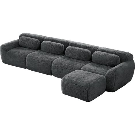 Canapé d'angle modulable 4 places en tissu peluche gris sans montage (1/5)