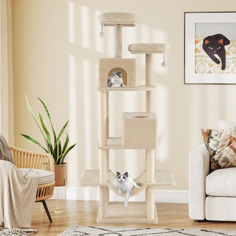 Arbre à Chat de 205 cm Tour d'Escalade Multi-Niveaux avec 2 Condos Perchoirs Poteaux à Gratter en Sisal Jouets Suspendus Hamac Beige (1/2)