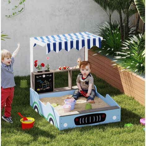 Bac à sable enfant imitation boutique avec auvent, banc et tableau, bois bleu, 108 x 90 x 104 cm (1/5)