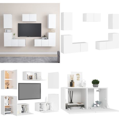 Set de muebles de salón TV 7 piezas madera de ingeniería blanco - Muebles de TV - Muebles de madera