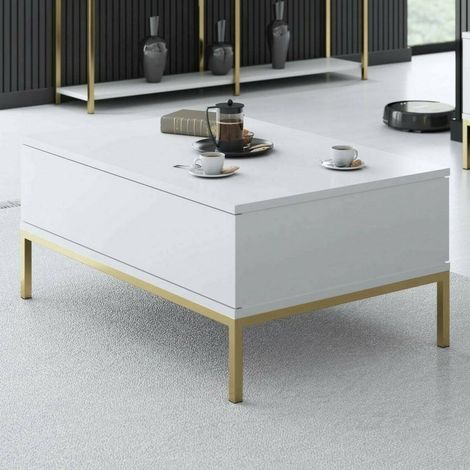 Dmora - Tavolino da salotto Vespero, Tavolo basso da caffè, Portariviste per divano, Ripiano da soggiorno, 90x60h40 cm, Bianco e Oro (1/5)