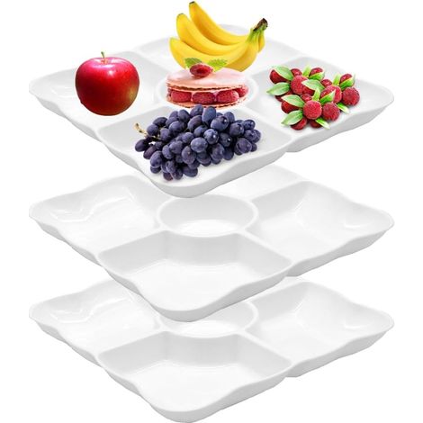 Ensemble de 3 plateaux à collations compartimentés, plateau séparateur à collations à 5 compartiments, plateau à fruits compartimenté, réutilisable et durable pour les noix, les desserts et les collat (1/4)