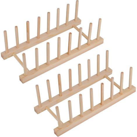 Egouttoir, Porte-Assiettes et Porte-couvercles, Set de 2 Porte-Assiettes en Bois de pin écologique, Plate Holder et Dish Drying Rack pour jusqu'à 7 Assiettes (1/5)