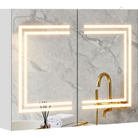 Miroir de salle de bain avec éclairage LED, étagères réglables et interrupteur tactile, en bois et verre, 80 x 15 x 65 cm, blanc (1/5)