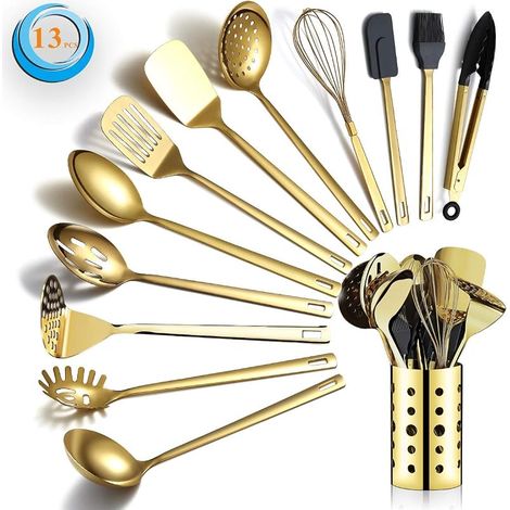 13-teiliges Küchenutensilien-Set aus goldfarbenem Edelstahl mit Titan-Gold-Beschichtung, inklusive Utensilienhalter, spülmaschinenfest und leicht zu reinigen (1/5)