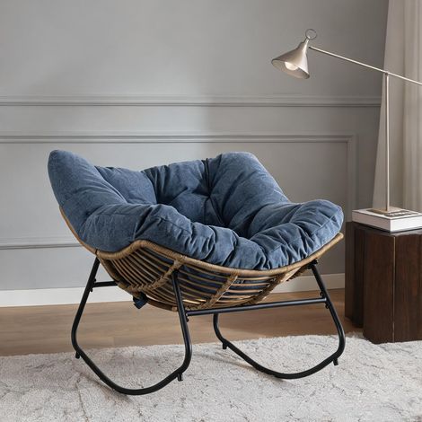 Fauteuil à bascule en chenille bleue 95 x 107 x 83 cm pour salon (1/5)