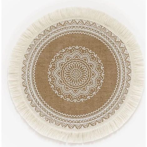 Set of 4 Bohemian Printed Round Placemats - Jute Placemats with 15" Pompoms for Dining Table Decor (1/5)