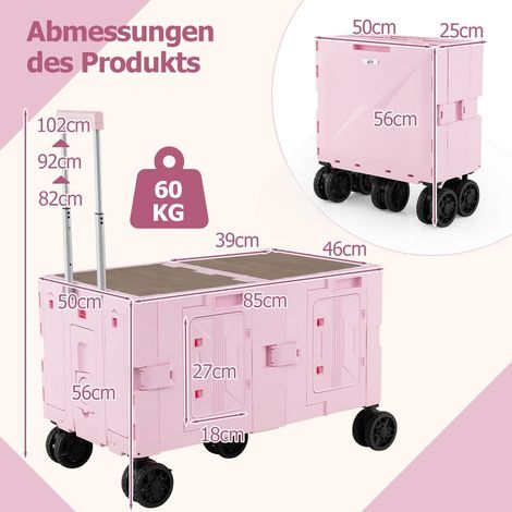 Carrello pieghevole con piano del tavolo, maniglia regolabile, rosa