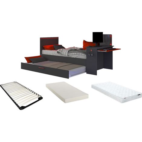 Lit gigogne gamer 90 x 200 et 90 x 190 cm - Avec bureau - LEDs - Anthracite et rouge + Matelas + Sommier - VOUANI (1/5)