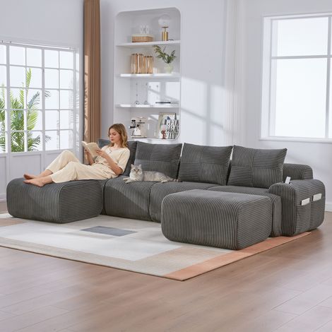 Canapé modulable 4 places avec 2 poufs velours côtelé, canapé cloud confortable avec rangement pour salle familiale, Gris foncé