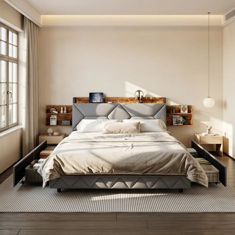 Lit avec tiroirs 160x200 cm,lit coffre adulte avec 4 tiroirs extra-larges,sommier à lattes,tête de lit ergonomique et ports usb+type-c,velours,gris (1/5)